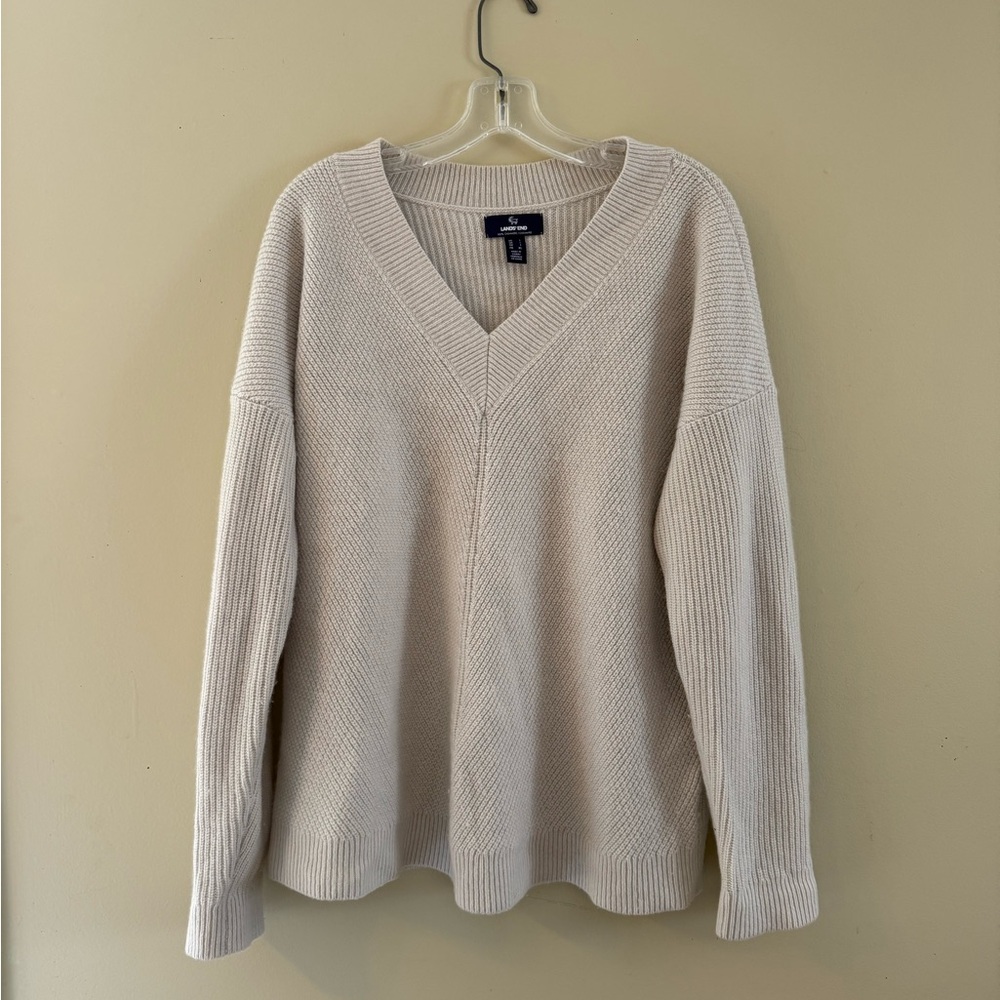 Lands' End Cashmere V-Neck Knit Sweater in Stone